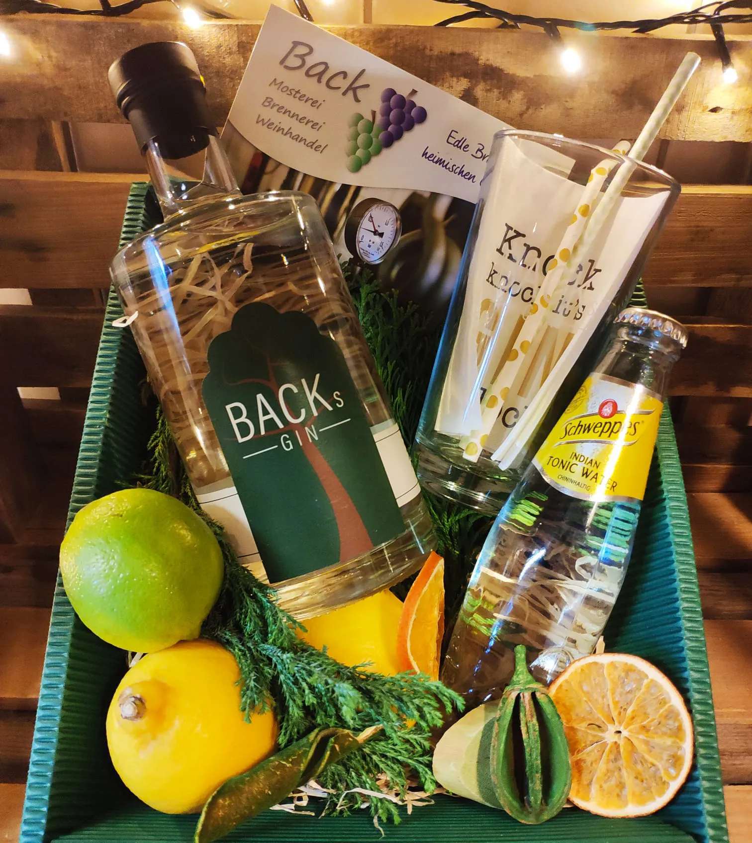 Geschenkkorb mot Gin, Tonic Water und einem Glas, dekoriert mit Früchten